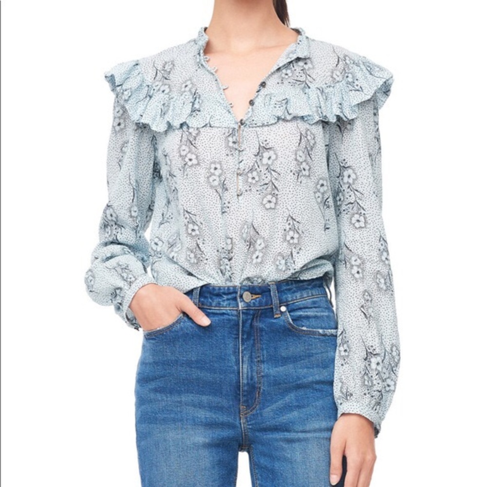 Rebecca Taylor Light Blue Floral Ruffle-Trim Blouse